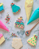Birthday Cake, Cupcake, and Party Hat Cookies with sprinkles and bags of icing for decorating yummy cookies - perfect for a present or birthday party activity!
